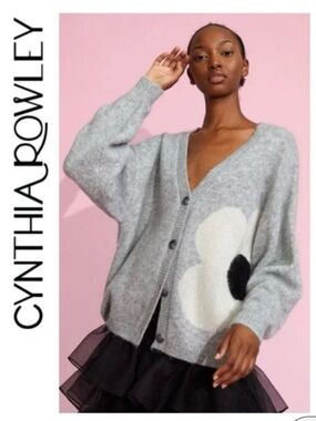 Cynthia Rowley Gray Cardigan with Cream & Black Floral Accent
